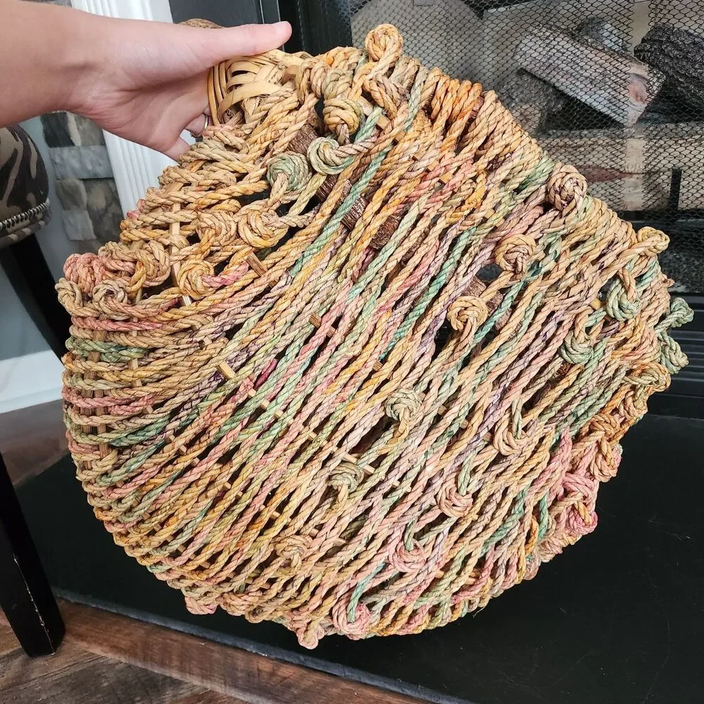 Vintage Rustic Folk Art Driftwood Handle Gathering Basket Large Woven Cottage